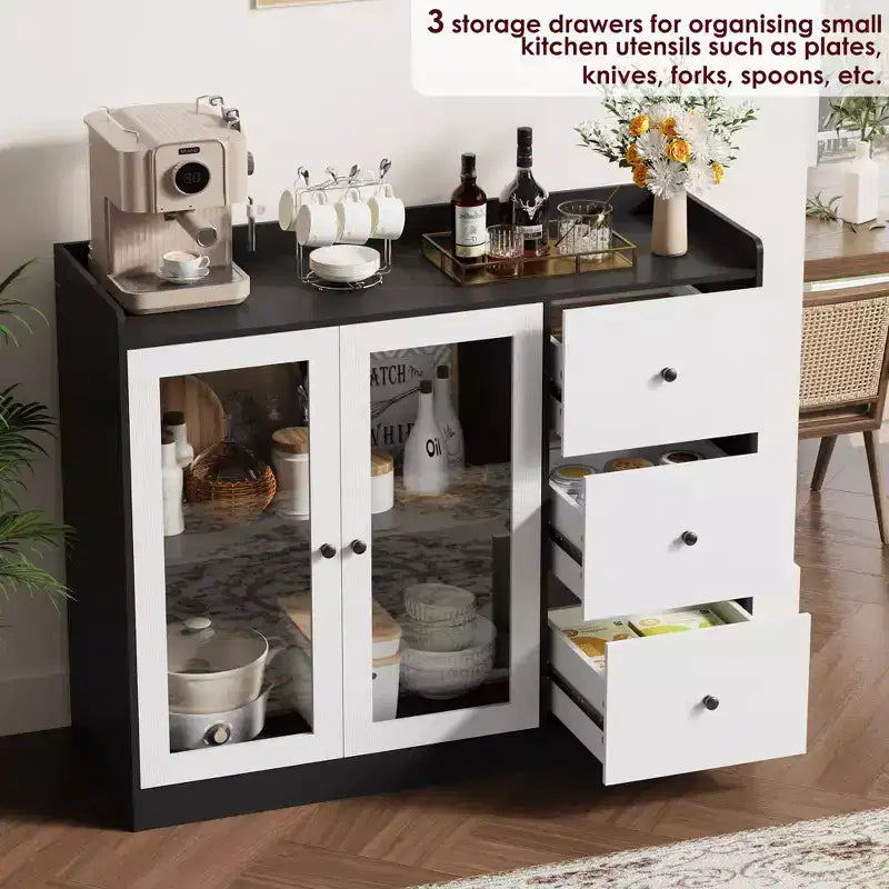 43" Buffet Sideboard Cabinet & Storage Chest with Guardrail Design, Adjustable Shelves & 3 Drawers for Kitchen and Dining Room