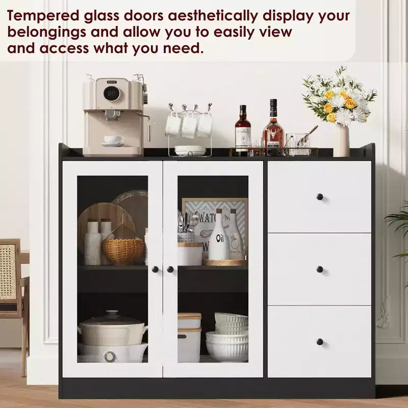 43" Buffet Sideboard Cabinet & Storage Chest with Guardrail Design, Adjustable Shelves & 3 Drawers for Kitchen and Dining Room