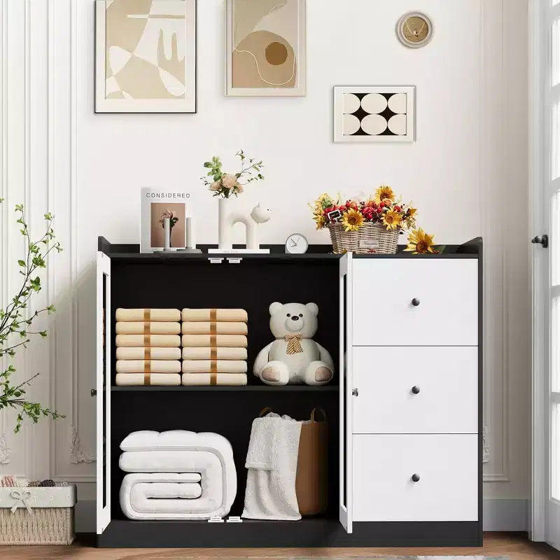 43" Buffet Sideboard Cabinet & Storage Chest with Guardrail Design, Adjustable Shelves & 3 Drawers for Kitchen and Dining Room