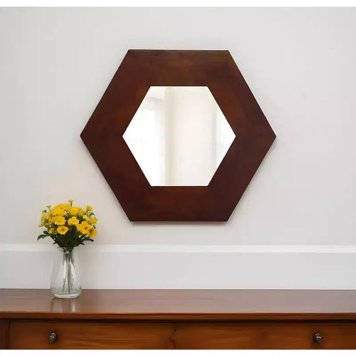 19" Dark Brown Hexagon Solid Wood Framed Accent Mirror