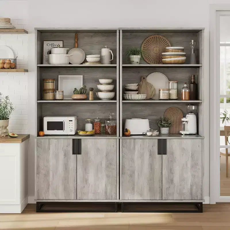 Farmhouse Bookshelf with Doors, Metal Base, 3 Open & 2 Hidden Shelves, Waterproof Scratch-Resistant