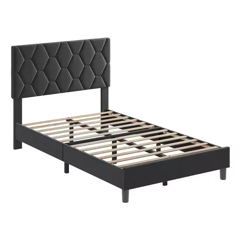 Twin XL Platform Bed Frame with Adjustable Headboard and Upholstered Headboard, Strong Wood Slat Support,Easy installation,Grey