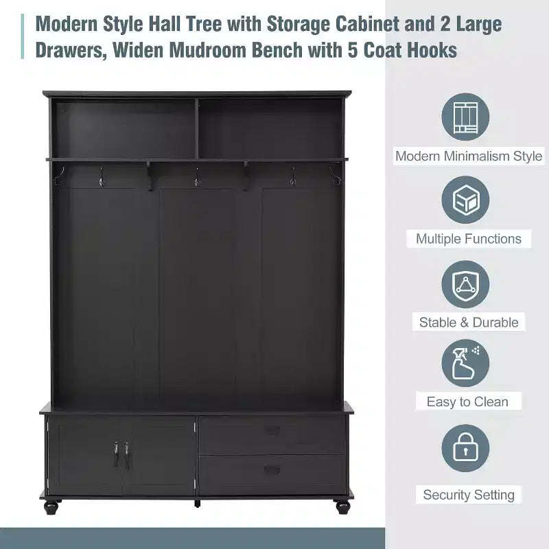 Modern Hall Tree with Storage Cabinet, 2 Large Drawers, Wide Bench and 5 Hooks, Entryway Organizer, Black