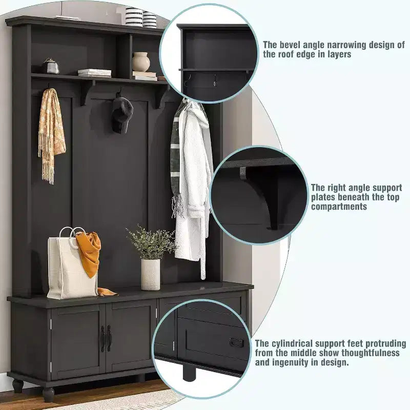 Modern Hall Tree with Storage Cabinet, 2 Large Drawers, Wide Bench and 5 Hooks, Entryway Organizer, Black