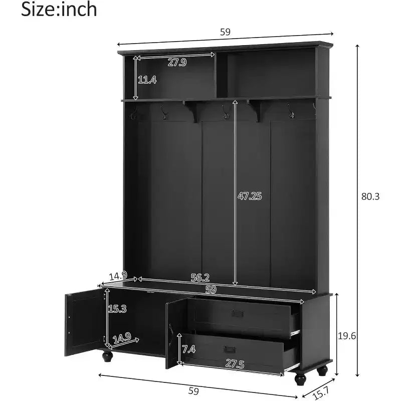 Modern Hall Tree with Storage Cabinet, 2 Large Drawers, Wide Bench and 5 Hooks, Entryway Organizer, Black