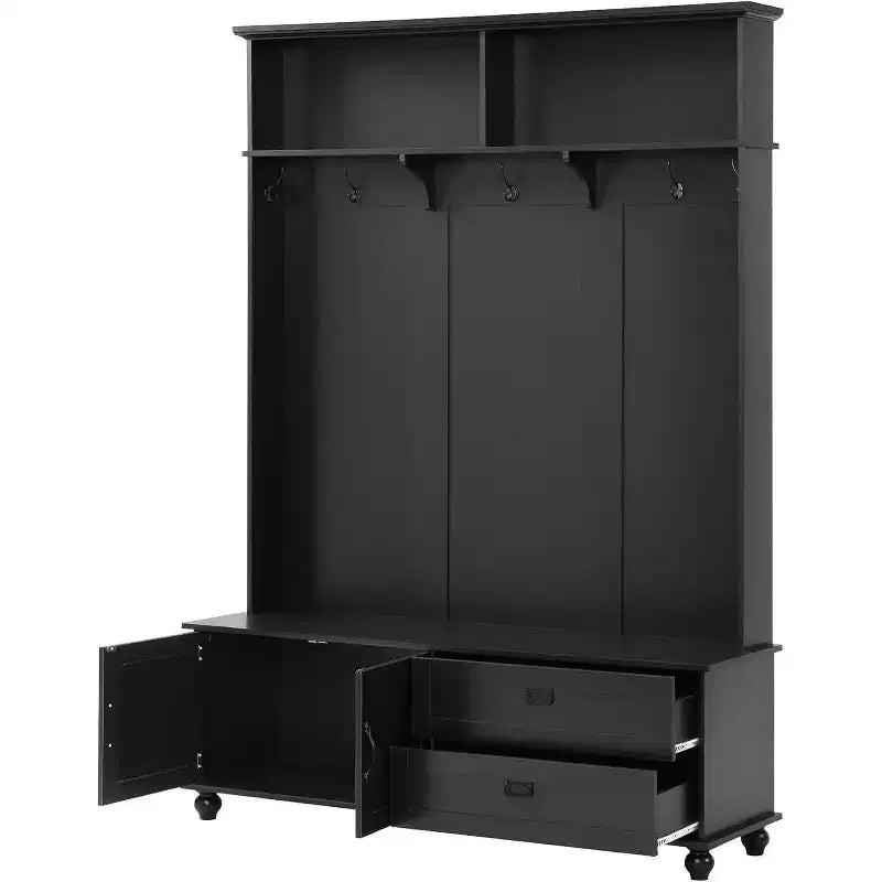 Modern Hall Tree with Storage Cabinet, 2 Large Drawers, Wide Bench and 5 Hooks, Entryway Organizer, Black
