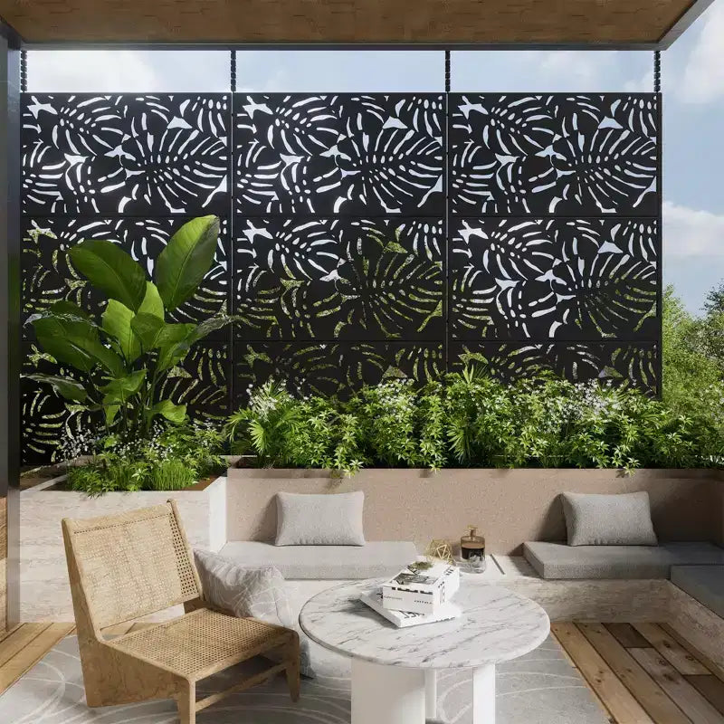 72"H Galvanized Metal Freestanding Privacy Screen Room Divider, Black