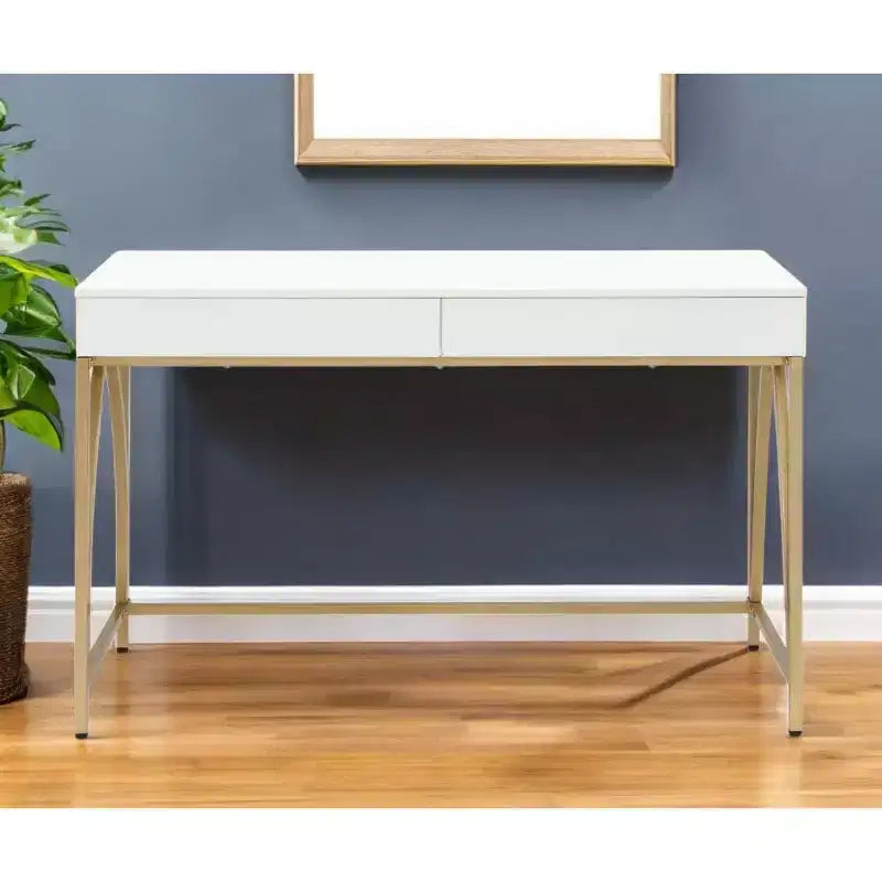 50" White and Gold Vanity Table with Two Drawers, Wood and Steel, High Gloss Finish