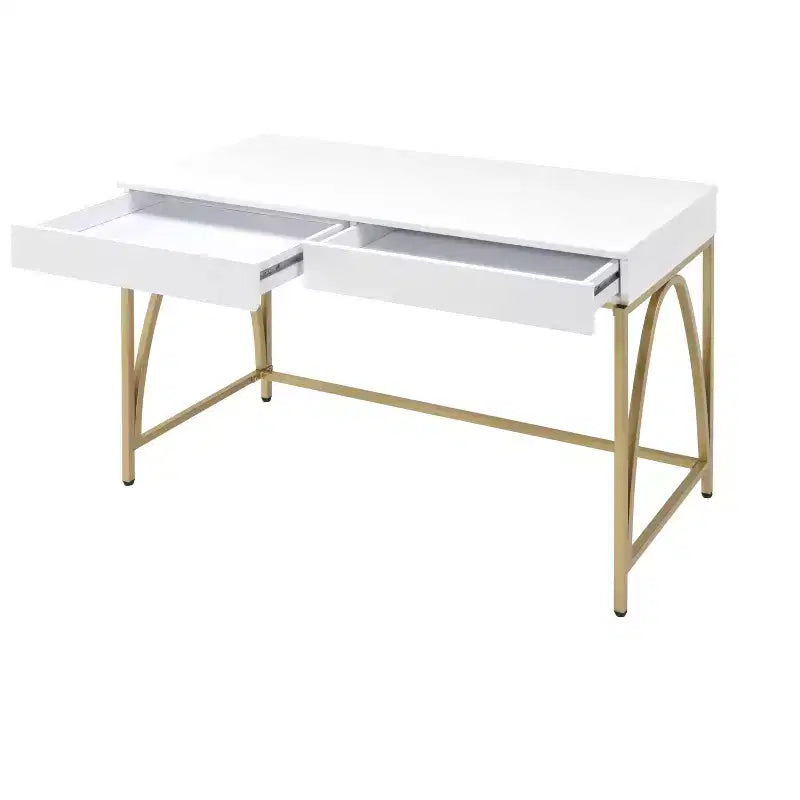 50" White and Gold Vanity Table with Two Drawers, Wood and Steel, High Gloss Finish