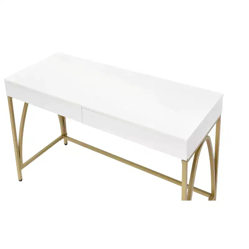 50" White and Gold Vanity Table with Two Drawers, Wood and Steel, High Gloss Finish
