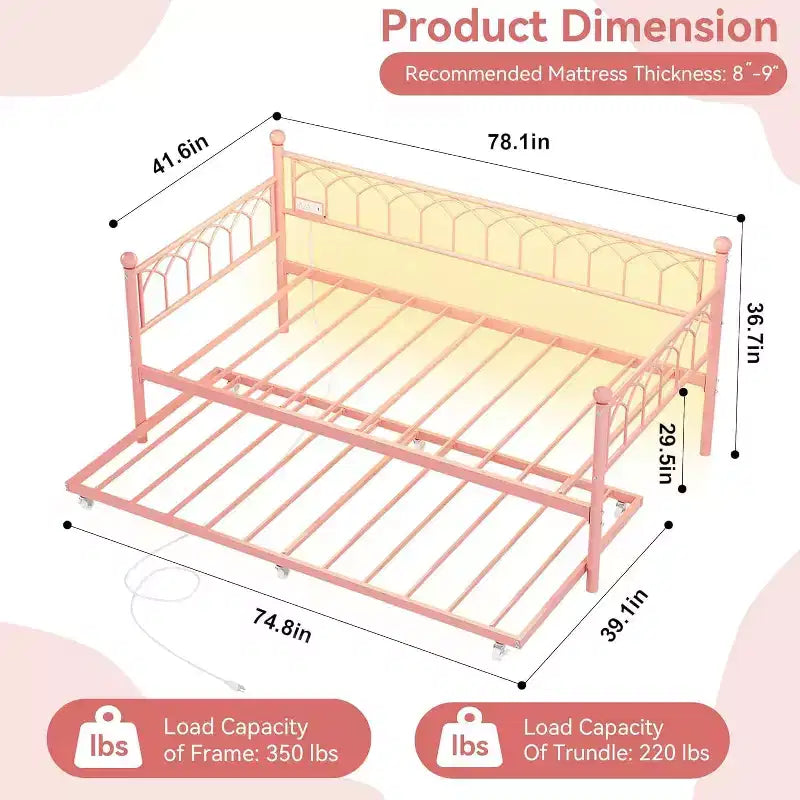 Twin Day Bed, Metal Sofa Bed Frame with Pull Out Trundle for Living Room, Bedroom, Apartment and Small Spaces