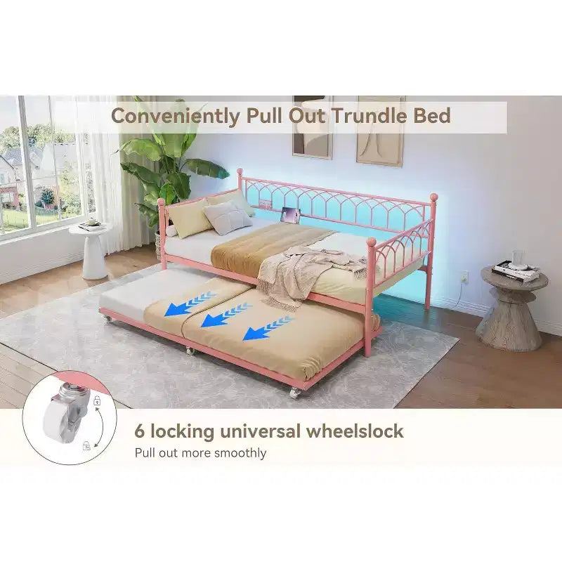 Twin Day Bed, Metal Sofa Bed Frame with Pull Out Trundle for Living Room, Bedroom, Apartment and Small Spaces