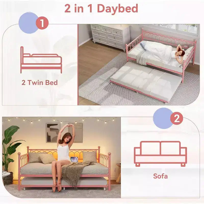 Twin Day Bed, Metal Sofa Bed Frame with Pull Out Trundle for Living Room, Bedroom, Apartment and Small Spaces