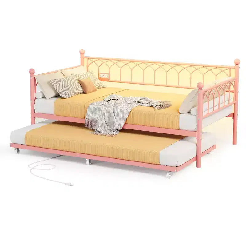 Twin Day Bed, Metal Sofa Bed Frame with Pull Out Trundle for Living Room, Bedroom, Apartment and Small Spaces