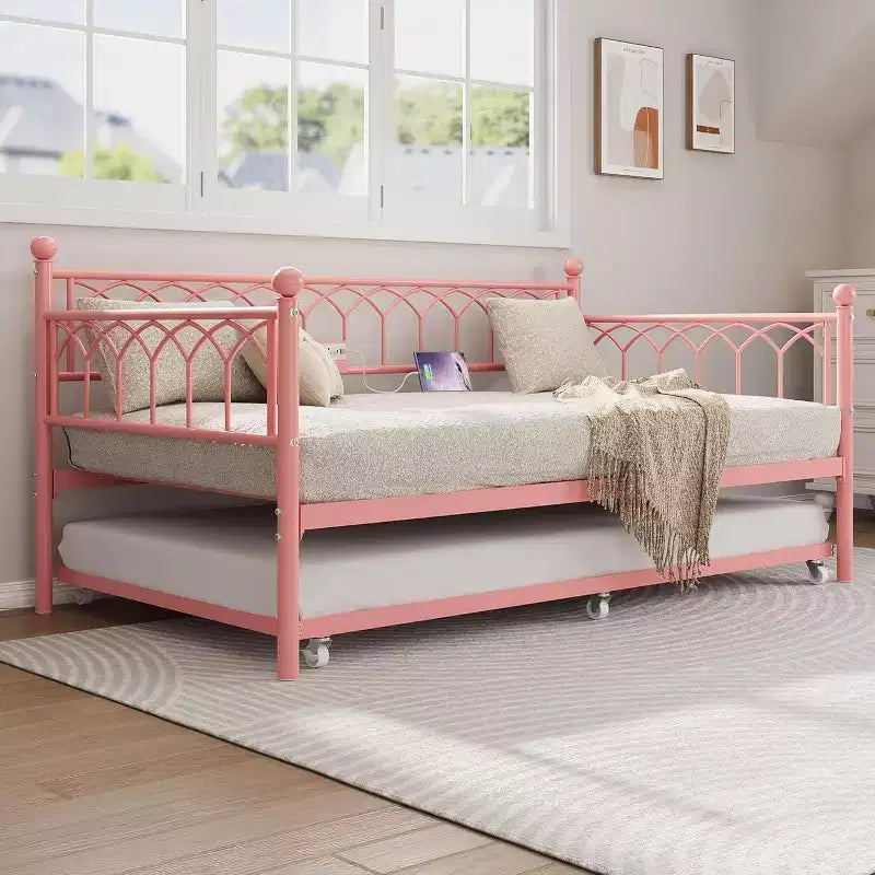 Twin Day Bed, Metal Sofa Bed Frame with Pull Out Trundle for Living Room, Bedroom, Apartment and Small Spaces
