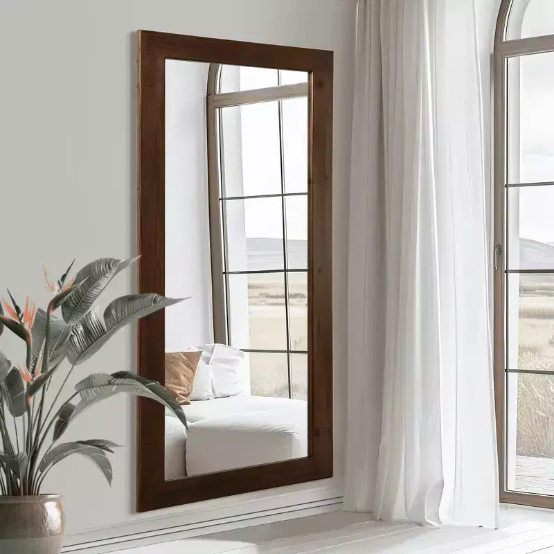 Full-Length Mirror, Solid Wood Straight Edge, Right Angle Arch, Black, 71"x35"x1", No Stand