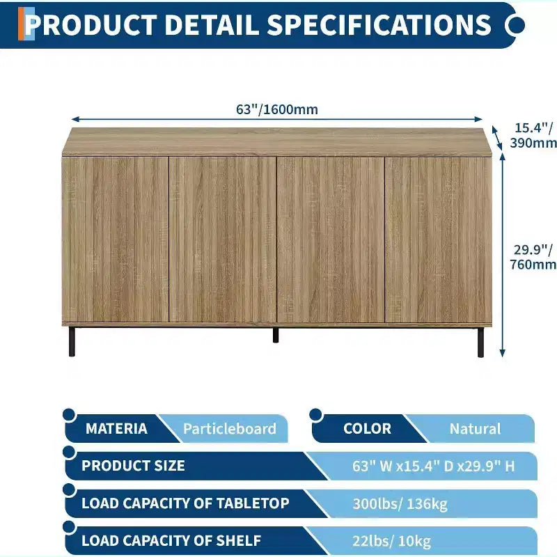 63" Fluted Sideboard Cabinet, 4-Door Buffet with Adjustable Shelves & Metal Legs, Modern Credenza for Living Room, Entryway