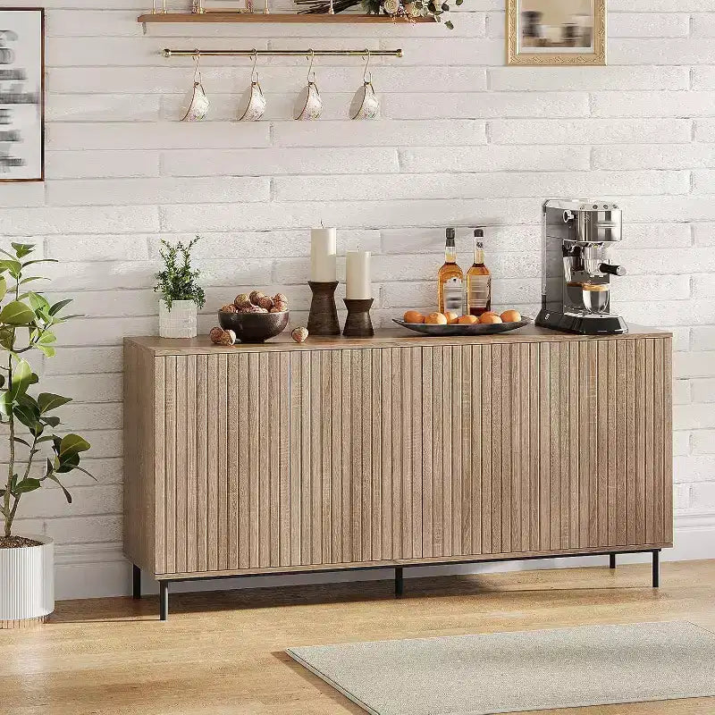 63" Fluted Sideboard Cabinet, 4-Door Buffet with Adjustable Shelves & Metal Legs, Modern Credenza for Living Room, Entryway