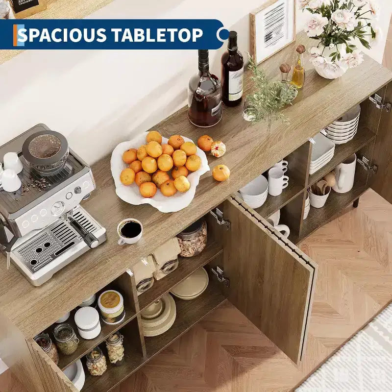 63" Fluted Sideboard Cabinet, 4-Door Buffet with Adjustable Shelves & Metal Legs, Modern Credenza for Living Room, Entryway