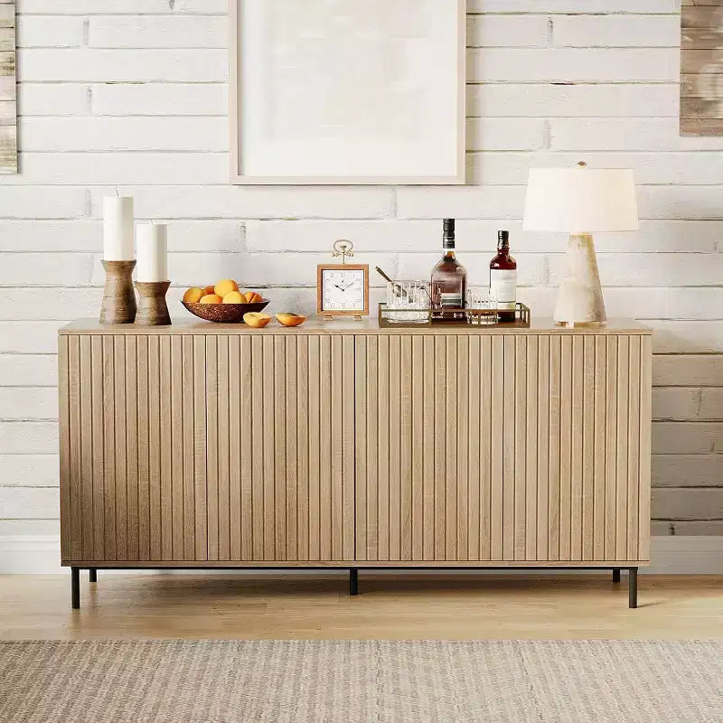 63" Fluted Sideboard Cabinet, 4-Door Buffet with Adjustable Shelves & Metal Legs, Modern Credenza for Living Room, Entryway