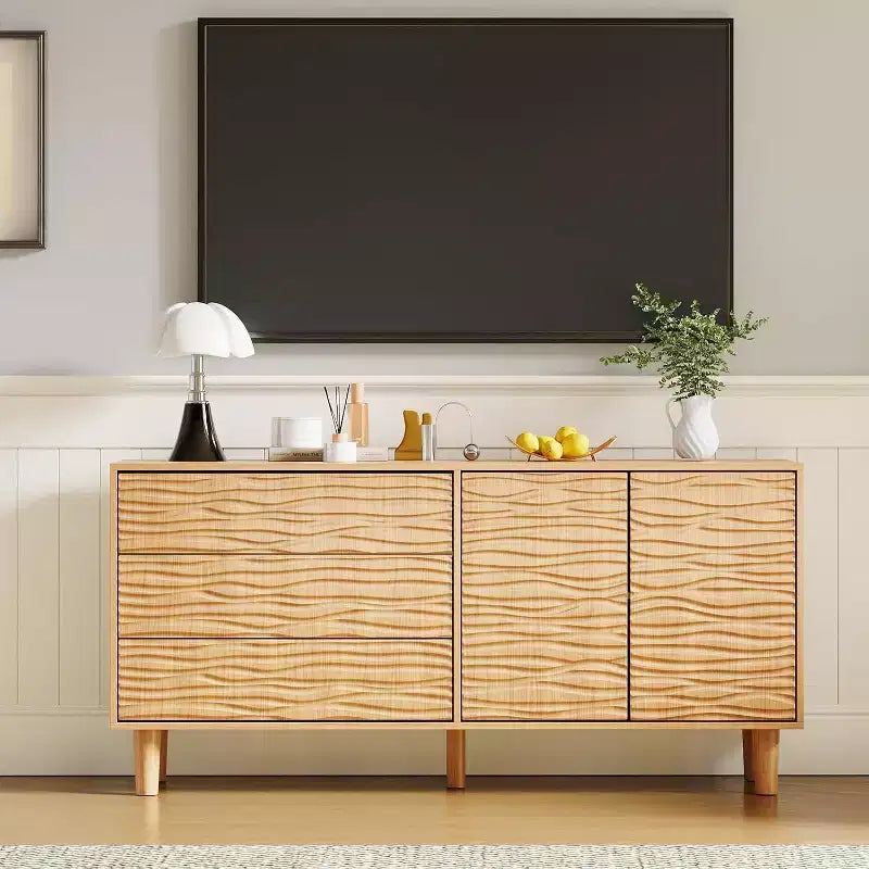 61" Mid-Century Sideboard, Natural Wood Buffet Cabinet with 3 Drawers, 2 Doors & Wave Design for Dining Room, Kitchen