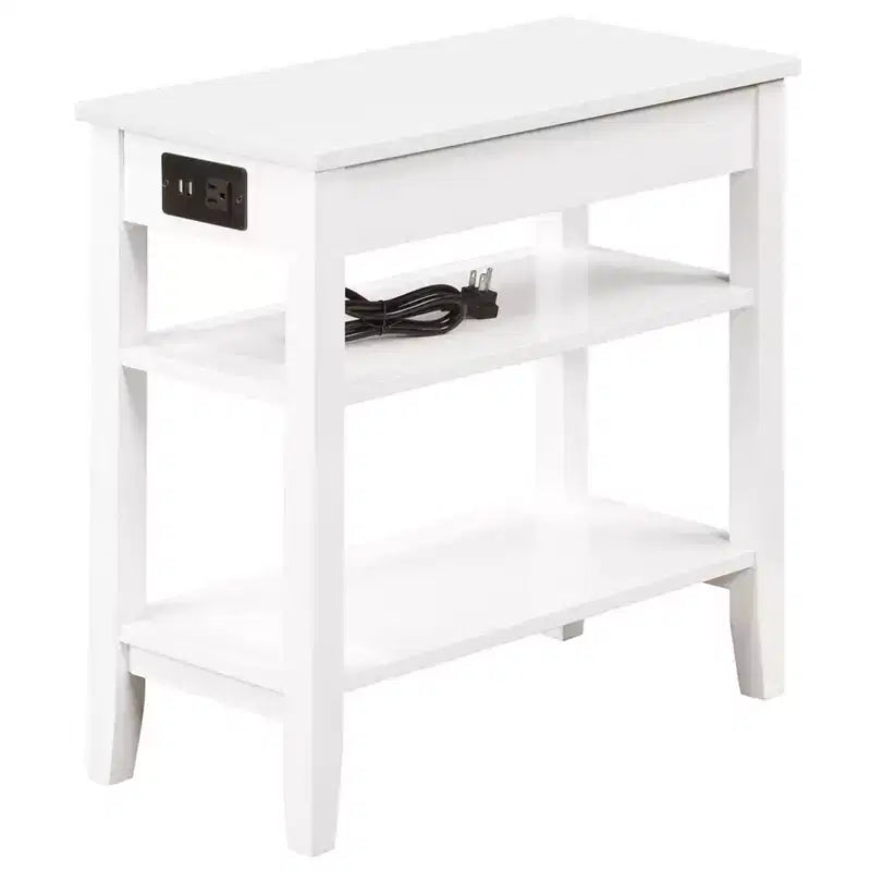 Chairside End Table with Smooth Drawer, USB Ports, Plug Outlet and Shelving, Contemporary Side Table with Storage, White