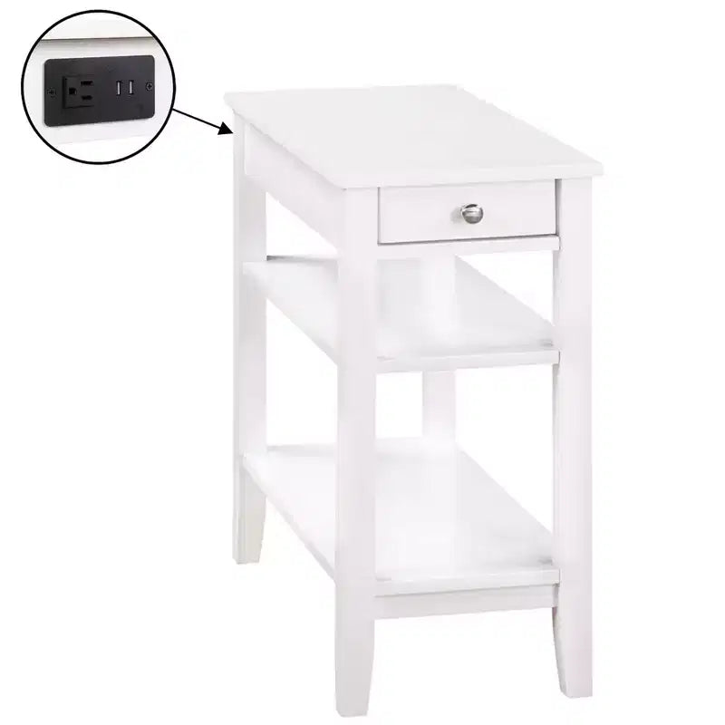 Chairside End Table with Smooth Drawer, USB Ports, Plug Outlet and Shelving, Contemporary Side Table with Storage, White