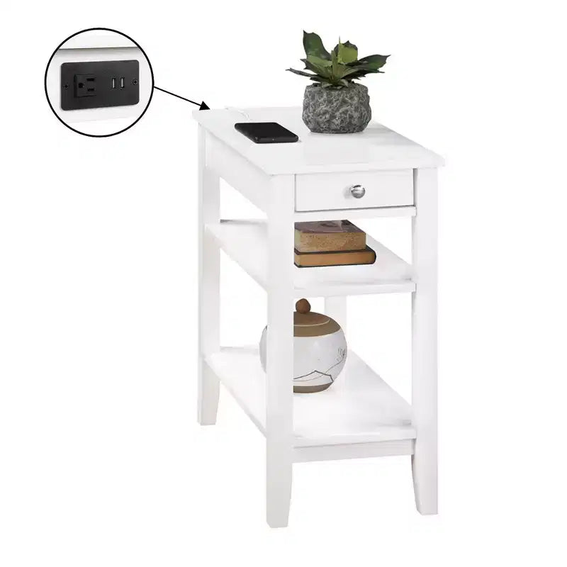 Chairside End Table with Smooth Drawer, USB Ports, Plug Outlet and Shelving, Contemporary Side Table with Storage, White