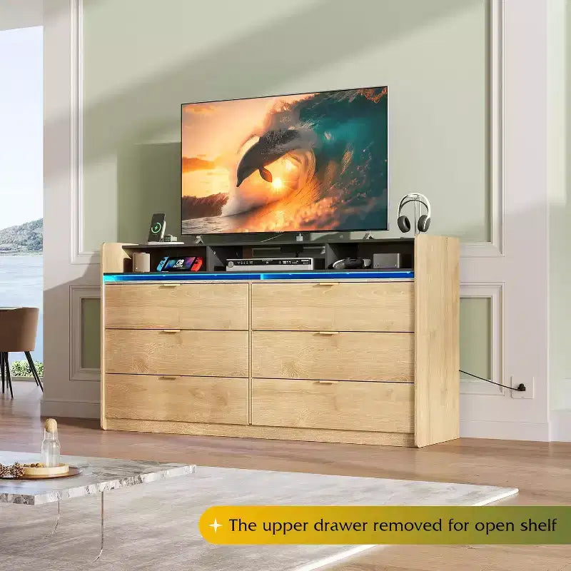 58.35" Wide 9-Drawer LED Dresser with Power Outlets, Open Shelves & 65" TV Stand Compatibility