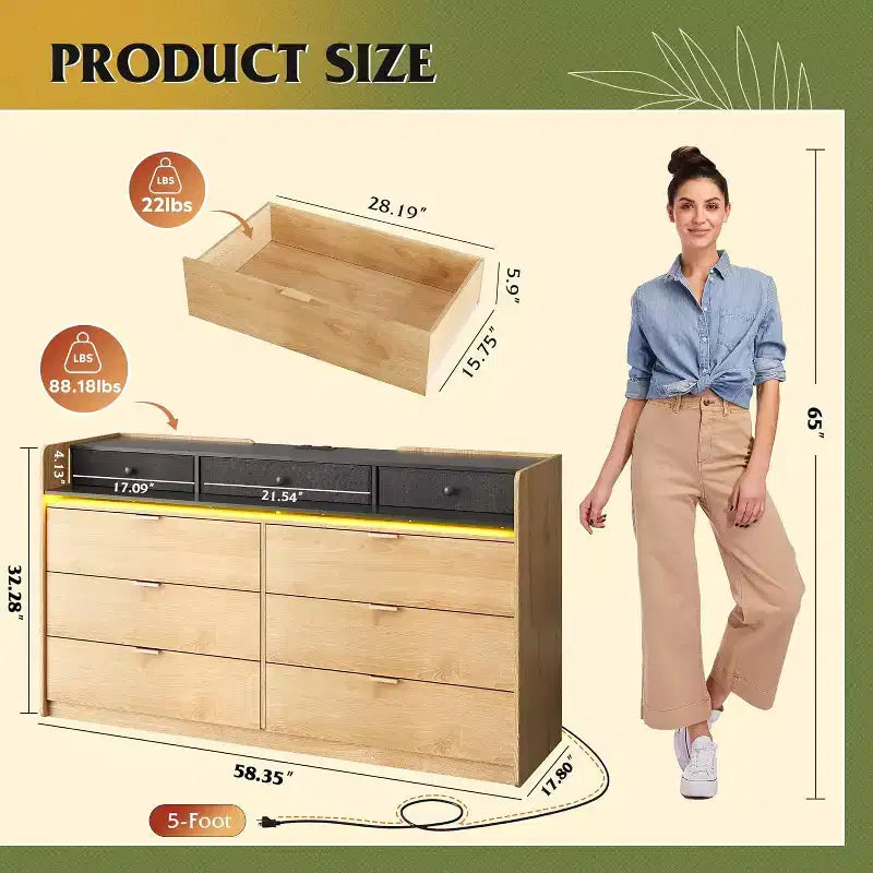 58.35" Wide 9-Drawer LED Dresser with Power Outlets, Open Shelves & 65" TV Stand Compatibility