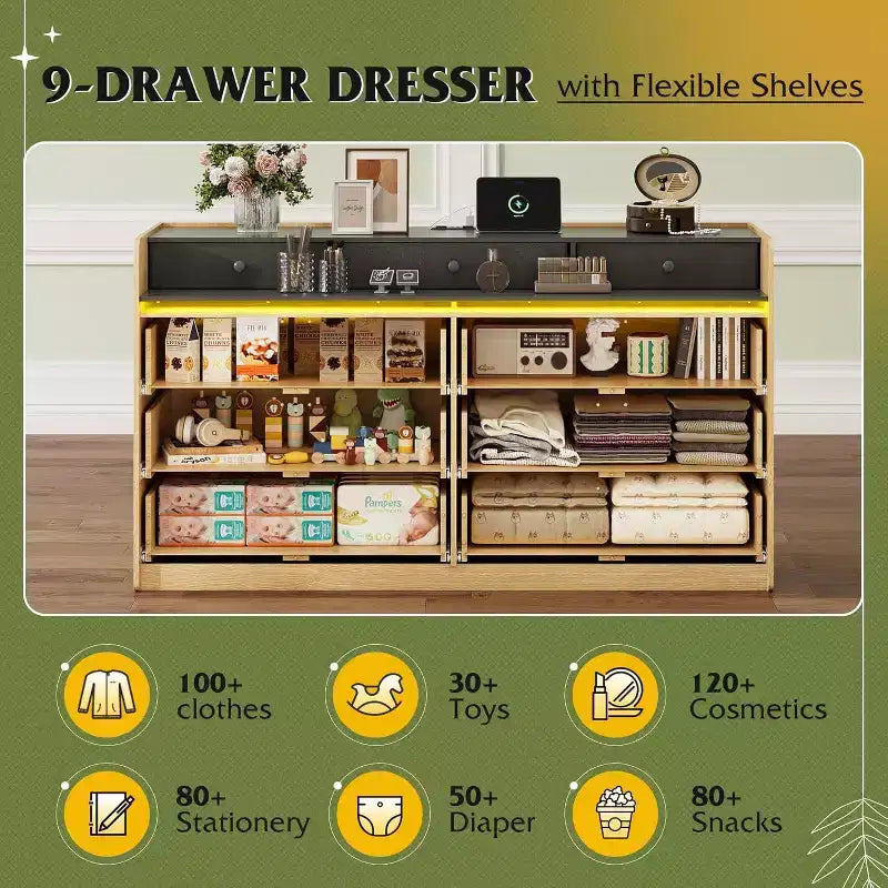 58.35" Wide 9-Drawer LED Dresser with Power Outlets, Open Shelves & 65" TV Stand Compatibility