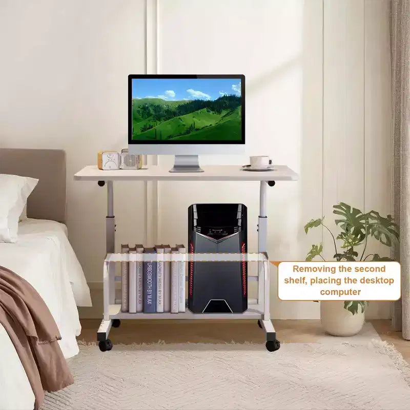 Portable Rolling Desk with Adjustable Height, Mobile Standing Computer Desk with Storage Shelves for Home Office, Study & Small Spaces