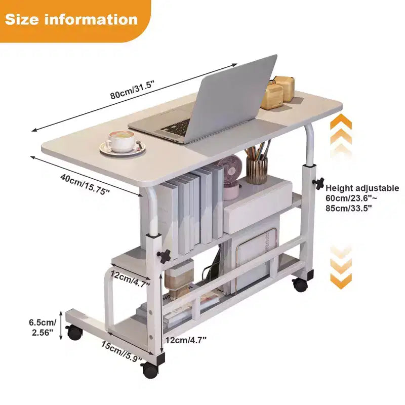 Portable Rolling Desk with Adjustable Height, Mobile Standing Computer Desk with Storage Shelves for Home Office, Study & Small Spaces