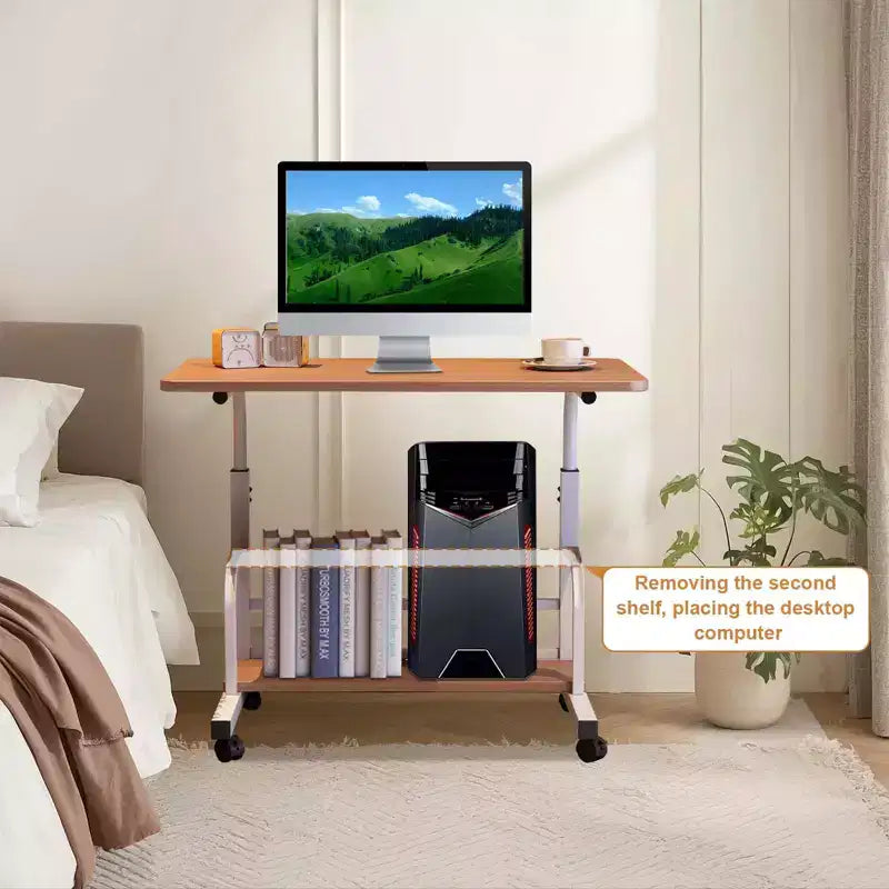Portable Rolling Desk with Adjustable Height, Mobile Standing Computer Desk with Storage Shelves for Home Office, Study & Small Spaces
