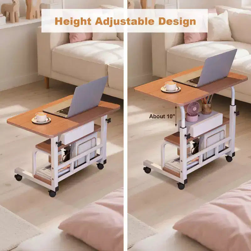 Portable Rolling Desk with Adjustable Height, Mobile Standing Computer Desk with Storage Shelves for Home Office, Study & Small Spaces
