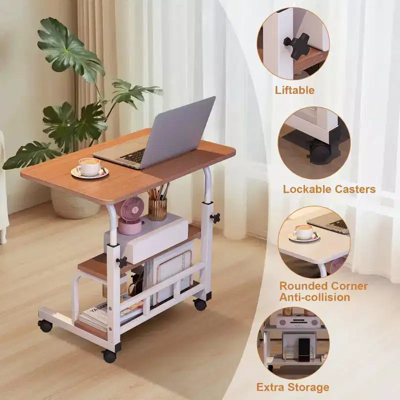 Portable Rolling Desk with Adjustable Height, Mobile Standing Computer Desk with Storage Shelves for Home Office, Study & Small Spaces