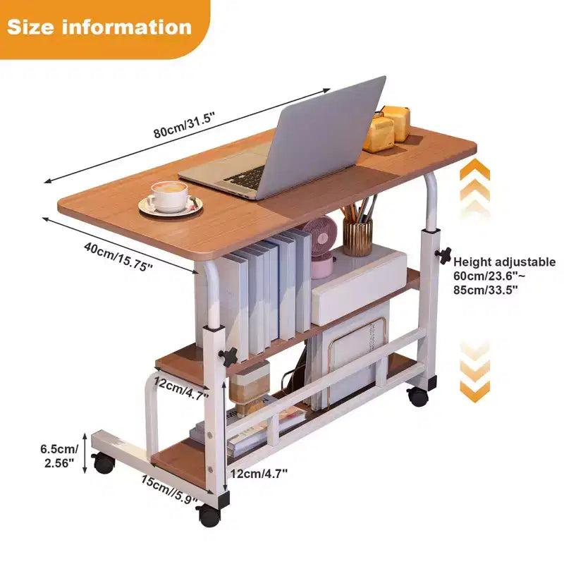 Portable Rolling Desk with Adjustable Height, Mobile Standing Computer Desk with Storage Shelves for Home Office, Study & Small Spaces