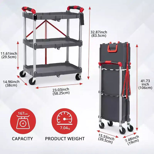 3-Tier Folding Utility Cart, Portable Collapsible Service Trolley with Wheels, 156 lb Capacity, Heavy Duty for Garage & Workshop, Grey