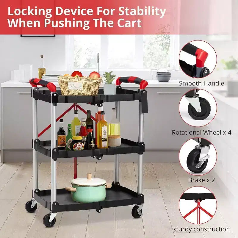 3-Tier Folding Utility Cart, Portable Collapsible Service Trolley with Wheels, 156 lb Capacity, Heavy Duty for Garage & Workshop, Grey