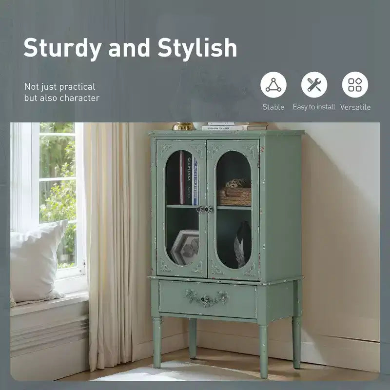 Antique Mint Green Accent Sideboard Cabinet with 2 Glass Doors and 1 Drawer for Kitchen and Dining Room