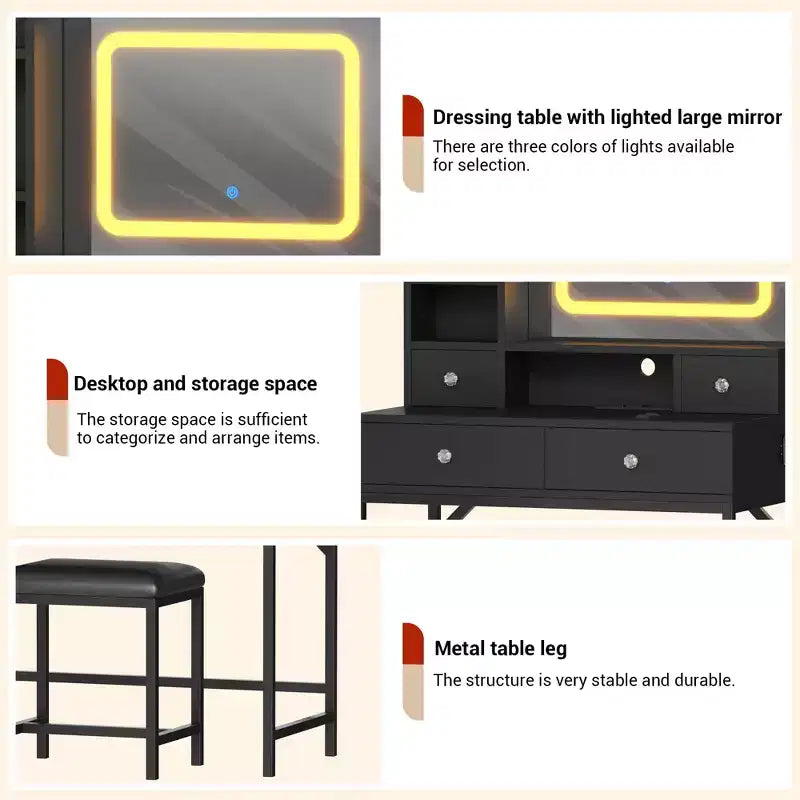 Mirrored Dressing Table Featuring Three-Level Adjustable Lighting Modern Dressing Table with Four Drawers