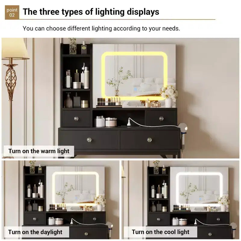 Mirrored Dressing Table Featuring Three-Level Adjustable Lighting Modern Dressing Table with Four Drawers