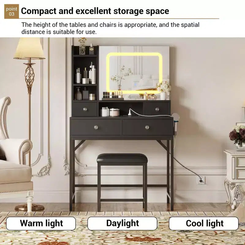 Mirrored Dressing Table Featuring Three-Level Adjustable Lighting Modern Dressing Table with Four Drawers