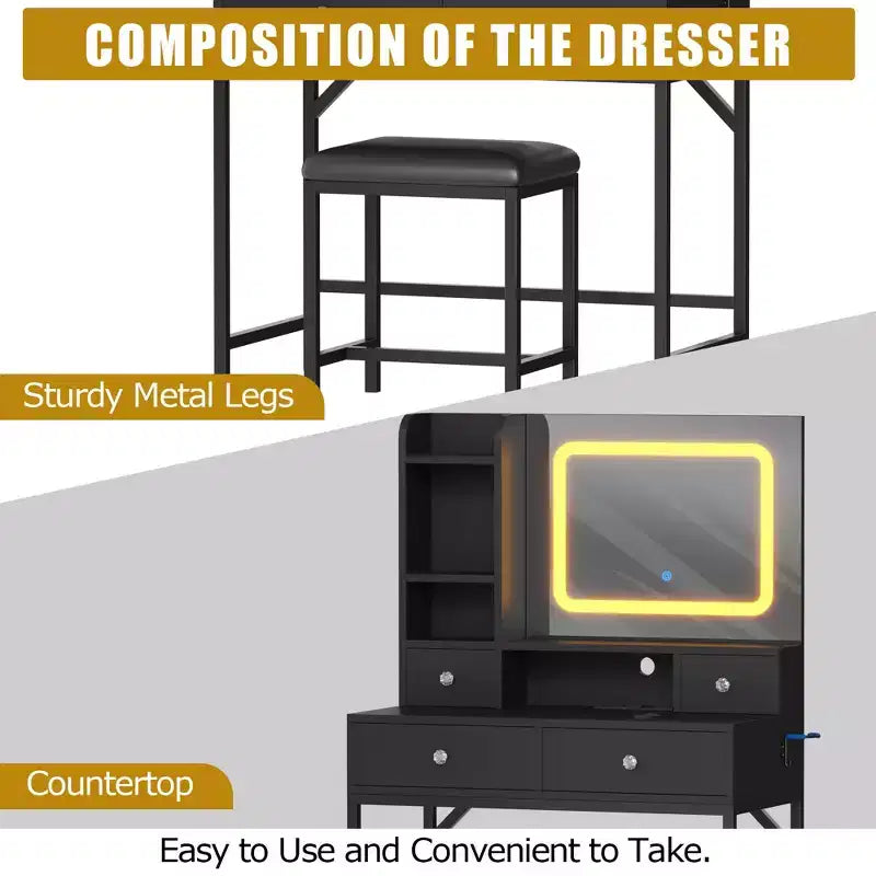 Mirrored Dressing Table Featuring Three-Level Adjustable Lighting Modern Dressing Table with Four Drawers