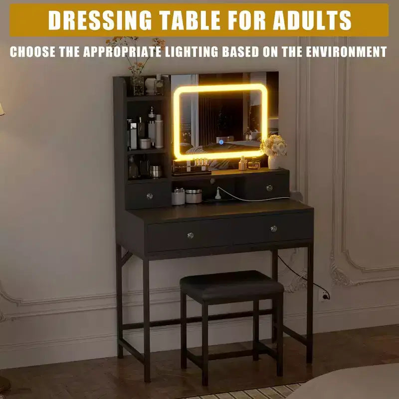 Mirrored Dressing Table Featuring Three-Level Adjustable Lighting Modern Dressing Table with Four Drawers