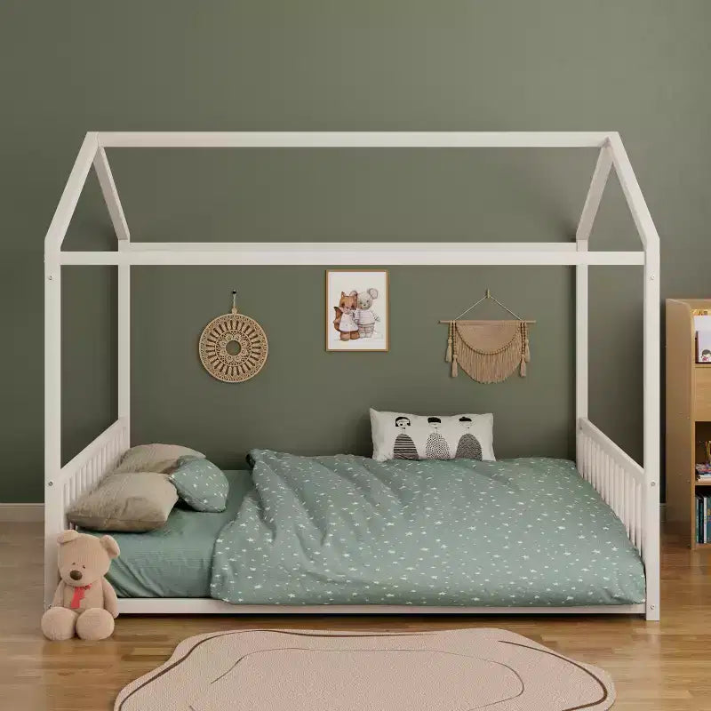 Full Size Metal Floor Bed Frame with House Shape and Guardrails, Montessori Style for Kids