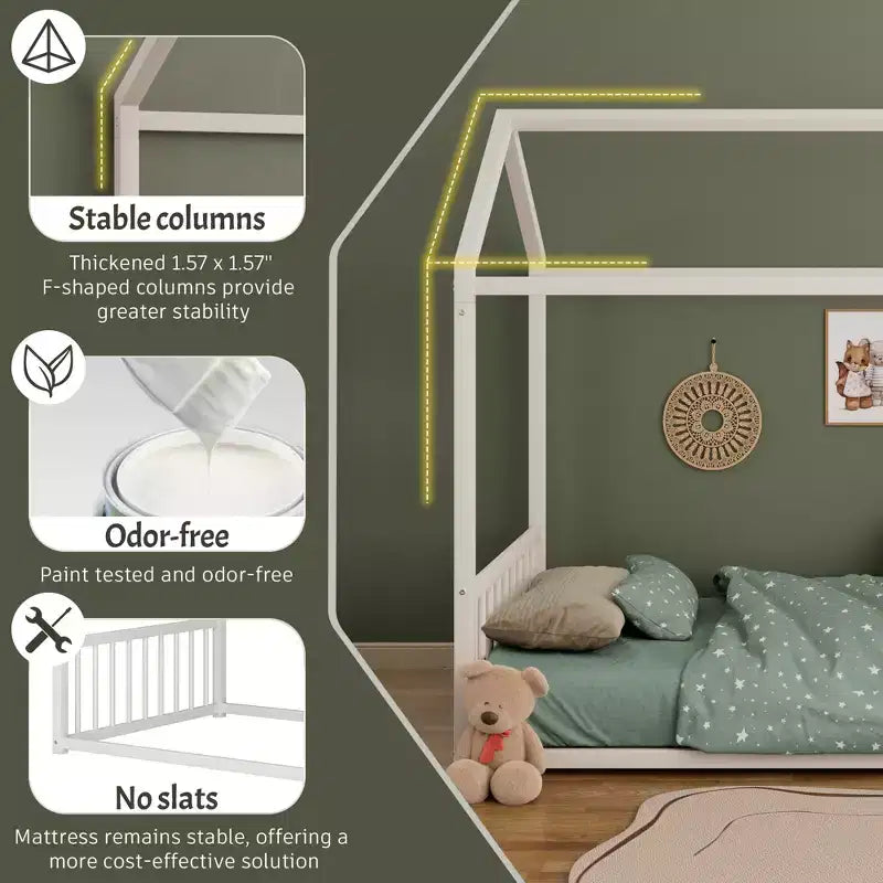 Full Size Metal Floor Bed Frame with House Shape and Guardrails, Montessori Style for Kids