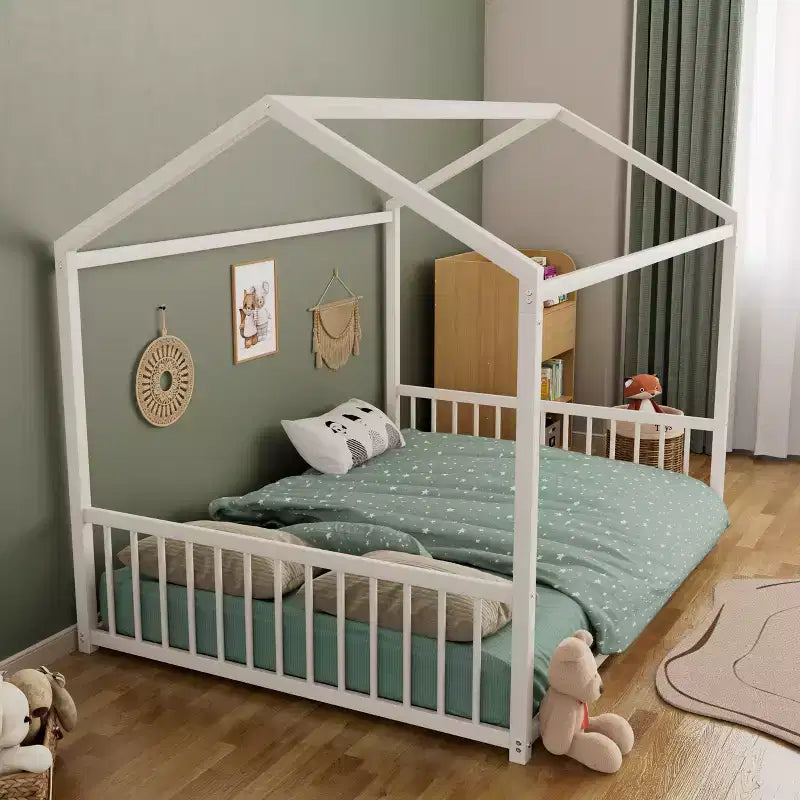 Full Size Metal Floor Bed Frame with House Shape and Guardrails, Montessori Style for Kids