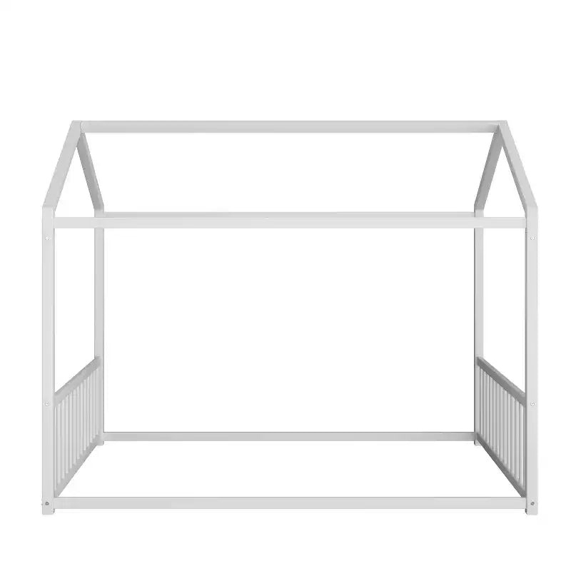 Full Size Metal Floor Bed Frame with House Shape and Guardrails, Montessori Style for Kids