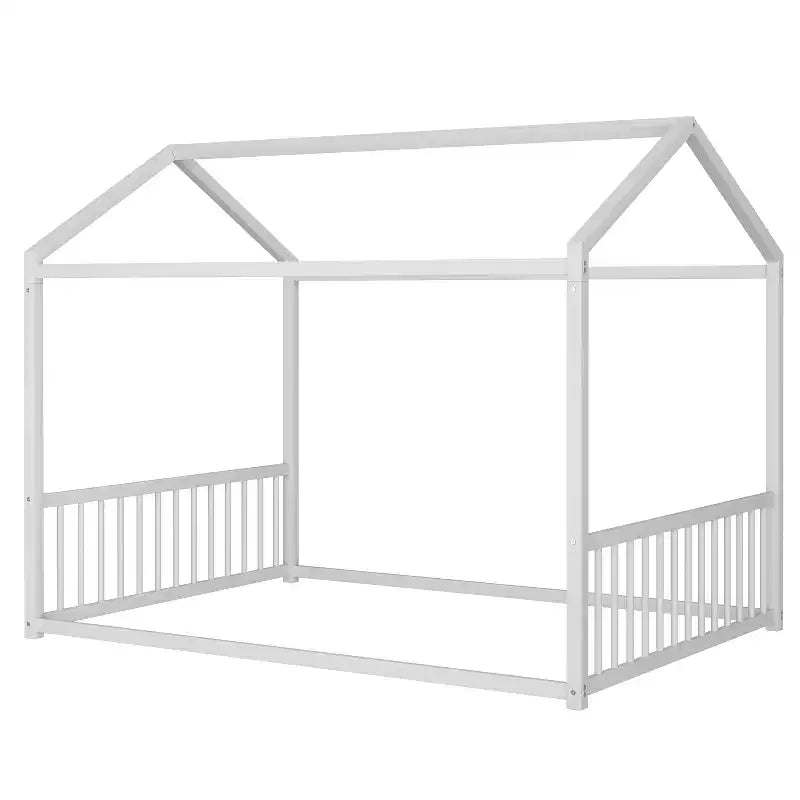 Full Size Metal Floor Bed Frame with House Shape and Guardrails, Montessori Style for Kids